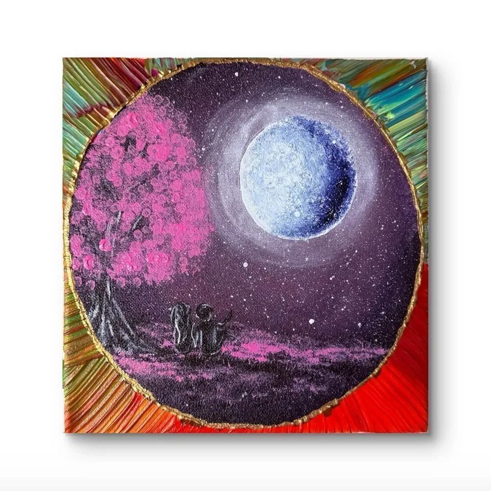 Moonlit Night Wall Art Canvas - Pink and Blue Size 8*8